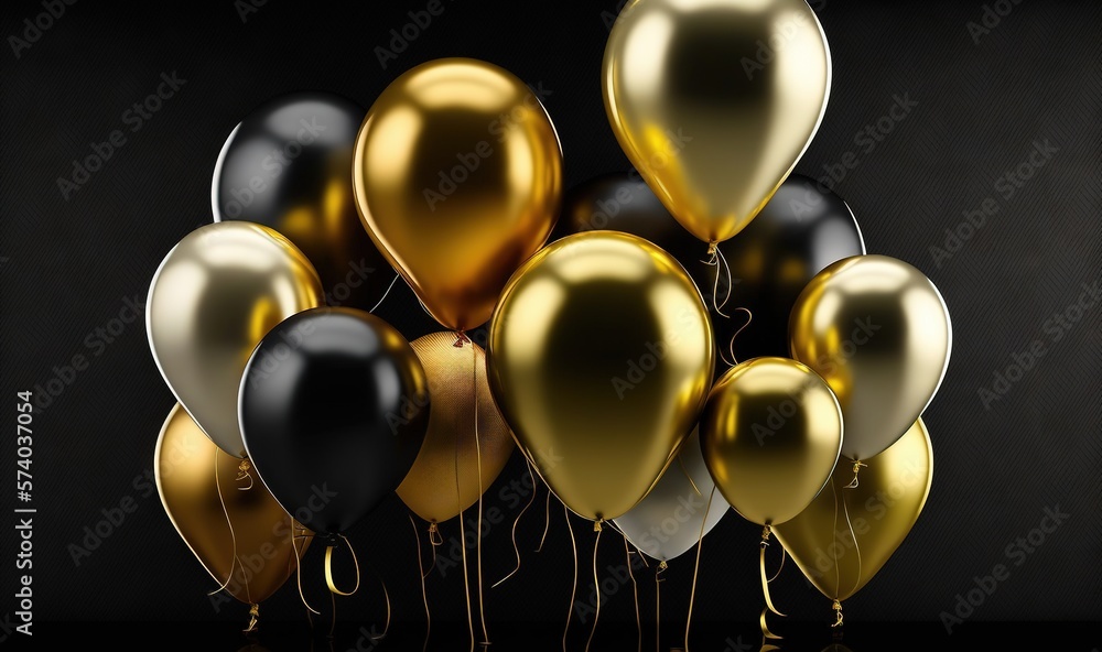  a bunch of black and gold balloons are in a row on a black surface with a black background and a bl