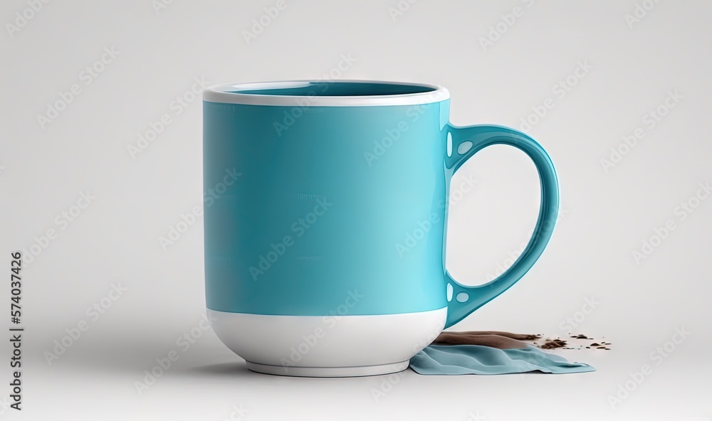 a blue and white coffee mug sitting on top of a table next to a blue cloth and a cup of coffee on a