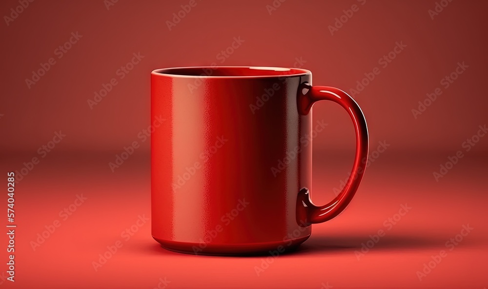  a red coffee mug sitting on a red surface with a shadow on the ground and a red background behind i