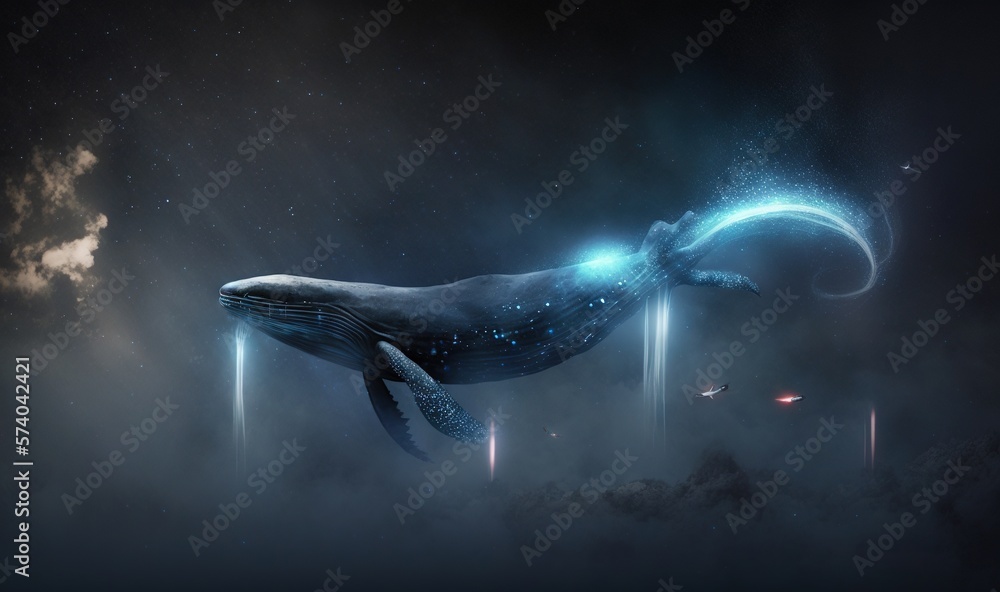  a blue whale floating in the air with a crescent around its neck and a crescent around its neck, i