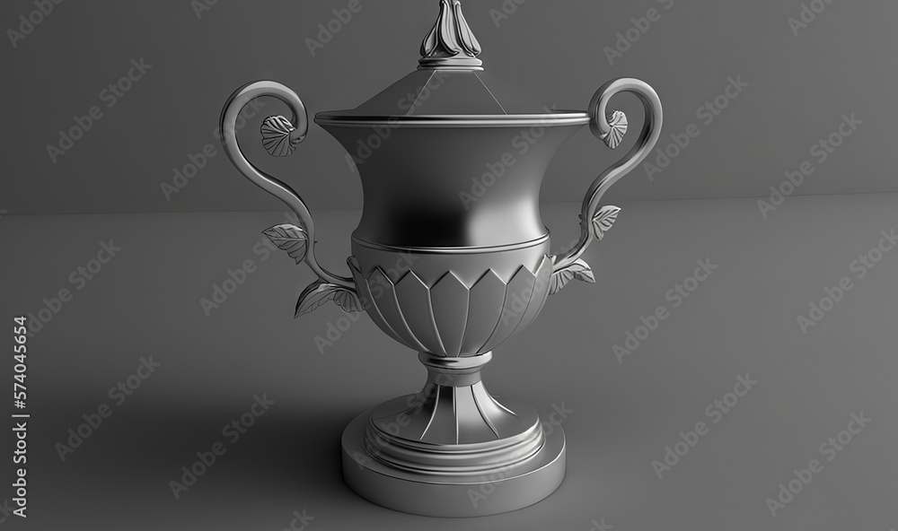  a silver vase sitting on top of a table next to a gray wall with a butterfly on top of the top of t