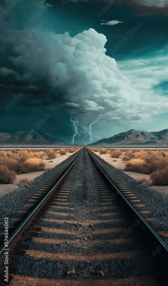  a train track in the middle of a desert with a lightning bolt in the sky above it and mountains in 