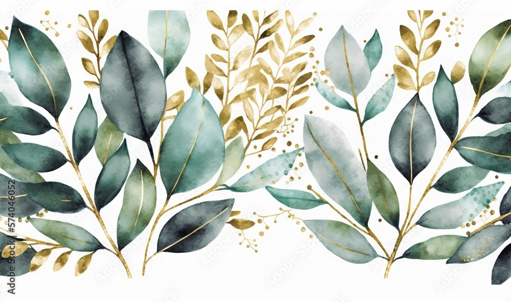  a watercolor painting of green leaves and gold dots on a white background with a gold foiled border