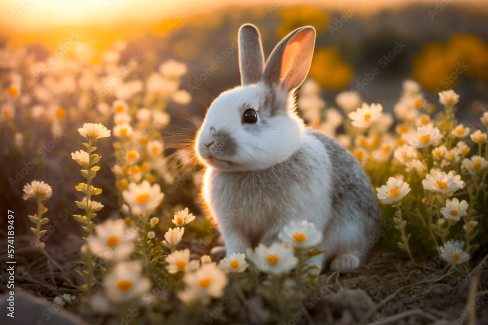 Cute rabbit among wild flowers in a sunny morning with sun behind. Fictional illustration. Created w