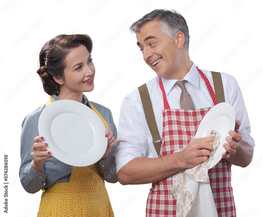 Vintage couple dish washing together