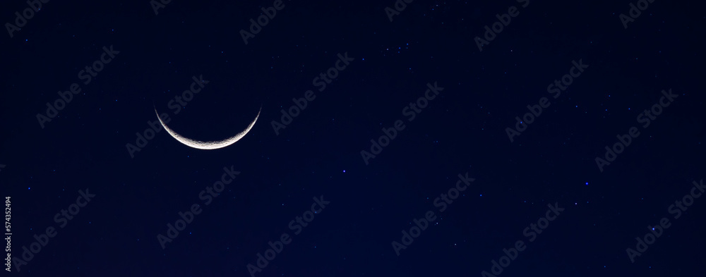 Panorama dark blue sky.Photo of waxing cresent moon.Leap Year Last Quarter Moon.