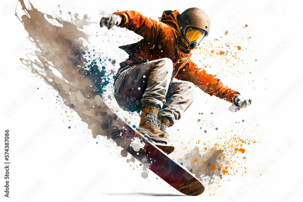 illustration painting of a snowboarding on white background. The snowboarder man doing a trick. Carv