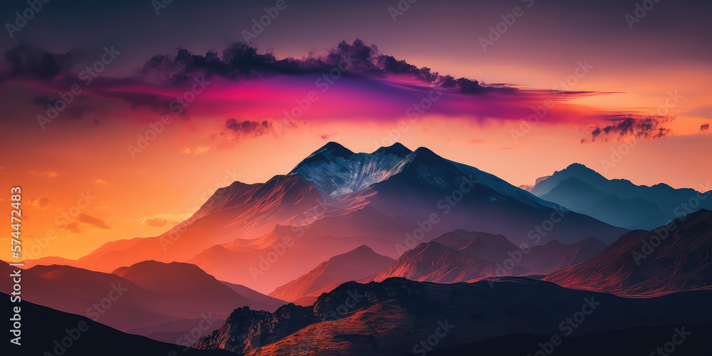 Mystical mountains at evening, sunset colorful hills landscape with clouds, generative ai