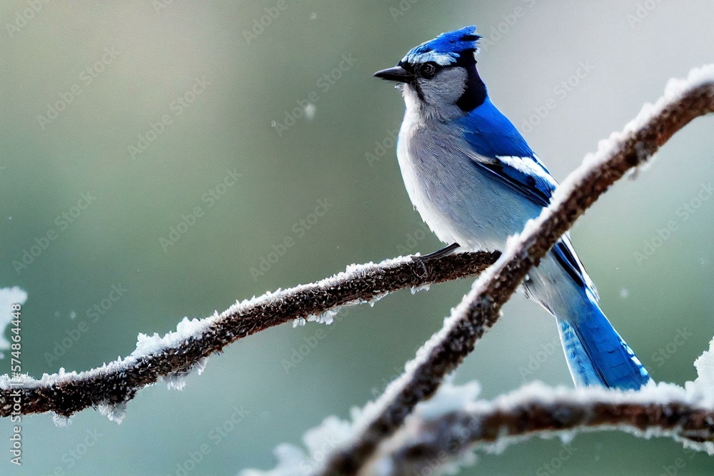 Frosty Foliage, a Jumped up Jay  Blue Jay (Cyanocitta cristata) latches to juniper branch on a cold 