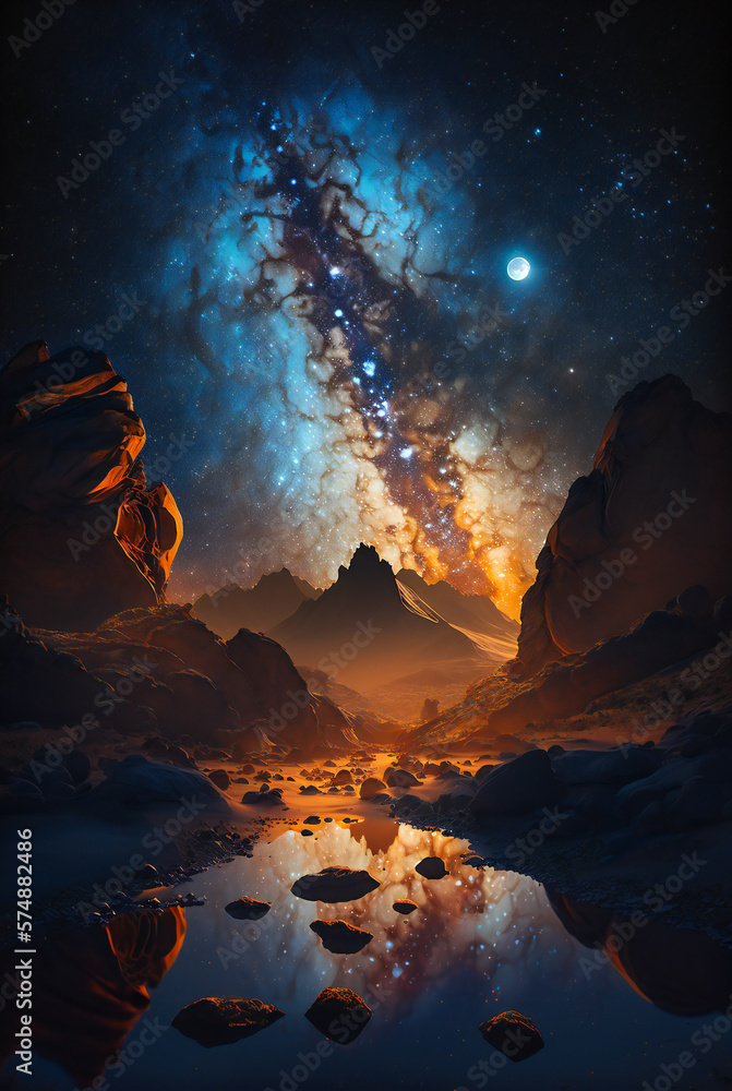 Night illustration of the Milky Way galaxy over an earth landscape. Fictional. Created with Generati