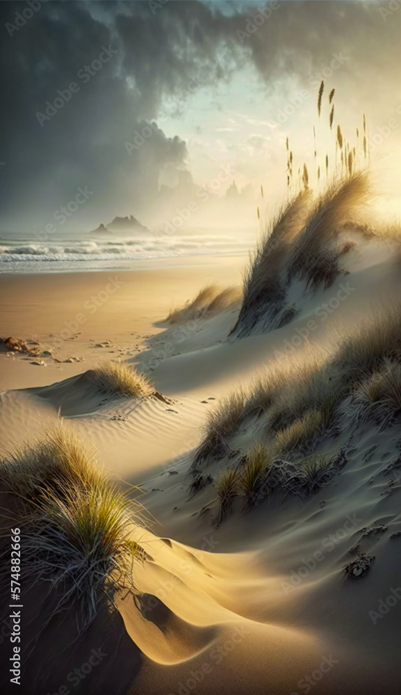 Sand dunes beach, windy day with beautiful lighting. Created with Generative AI technology.