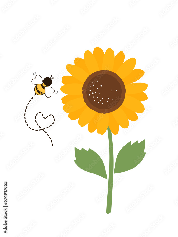 Sunflowers with green leaves and bee cartoon on white background vector illustration.