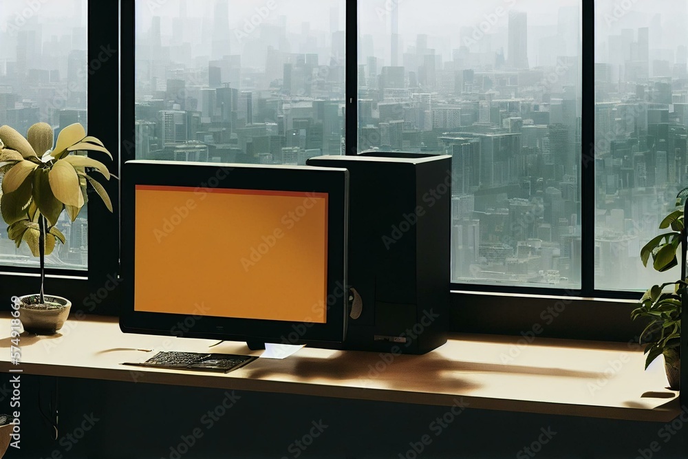 a desk with a computer on it in a room with a large window overlooking a cityscape and a large potte