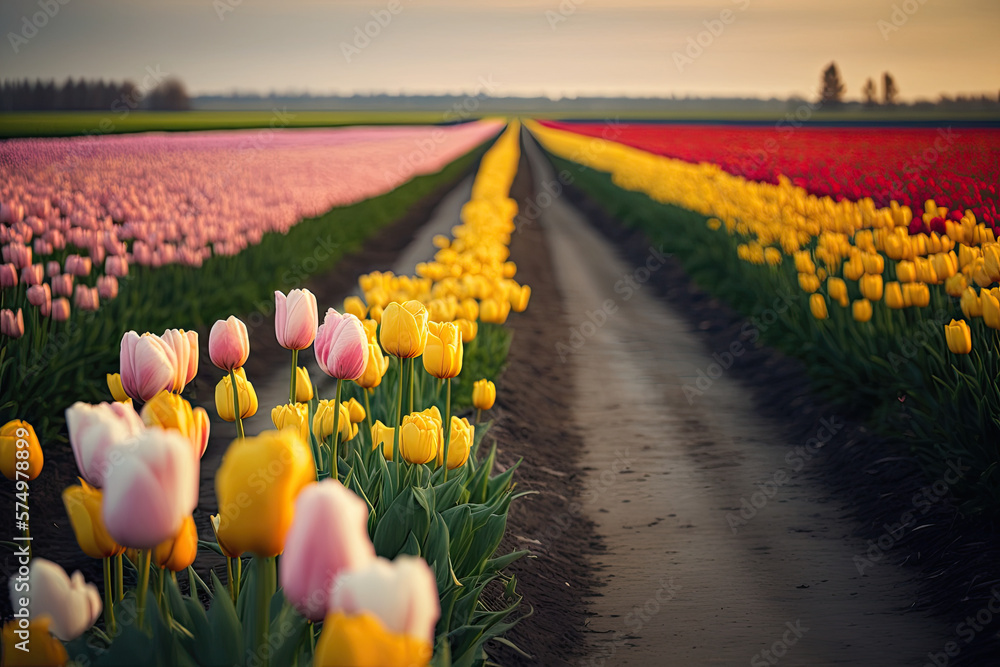 A magical landscape with sunrise over tulip field in the Netherlands, Fields of blooming colorful tu