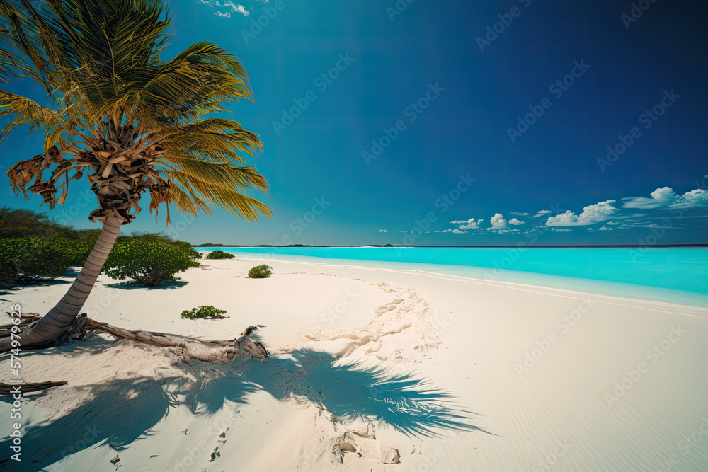 Sandy tropical beach; island palm tree, Maldives, background, wallpaper, generative AI