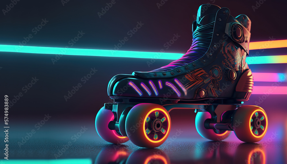 Generative AI, Roller skate in cyberpunk style, disco nostalgic 80s, 90s. Neon night lights vibrant 