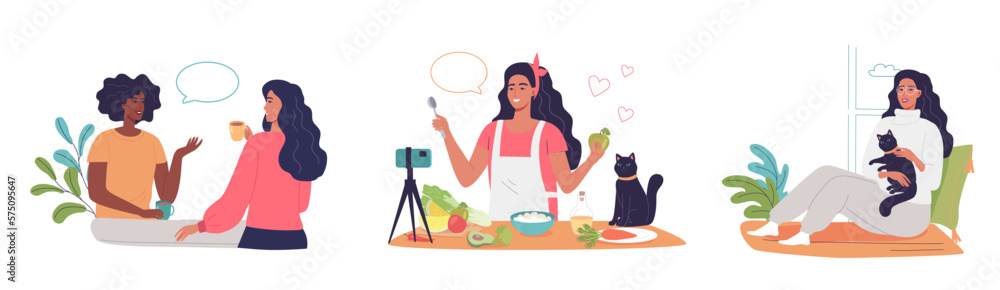 Young woman lifestyle vector illustration set