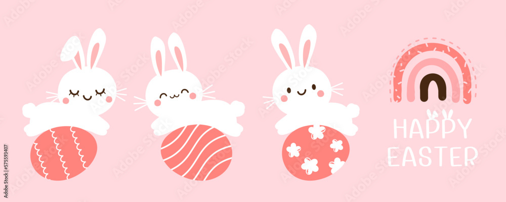Bunny rabbit cartoons, Easter eggs, rainbow and hand drawn fonts on pink background vector illustrat