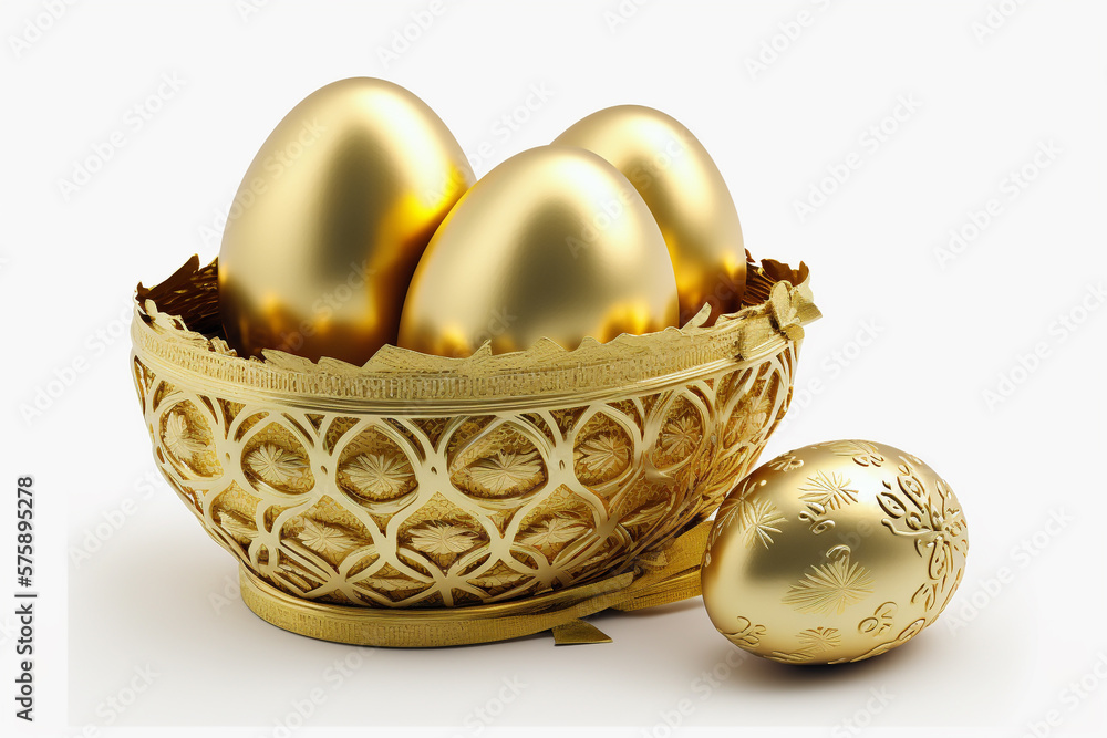 Golden Easter eggs in golden basket, white background, generative ai