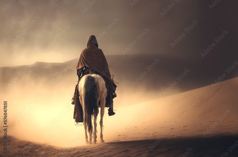 Man in coat on a horse, in a desert sands during the storm. Sand in a air, dusty mist. Generative AI