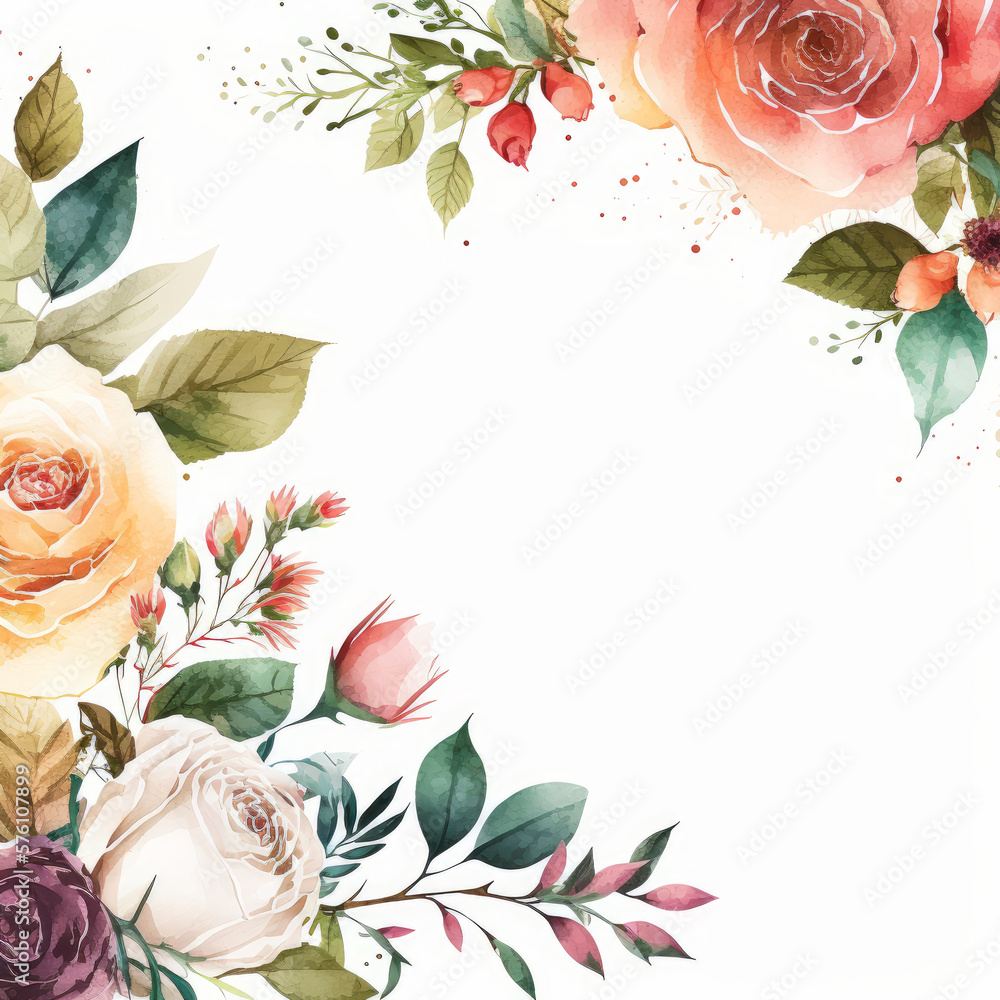 Floral watercolor border background with Roses on pure background. Illustration AI Generative