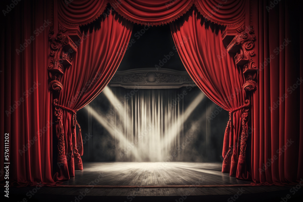 Magic theater stage red curtains Show Spotlight. Illustration AI Generative