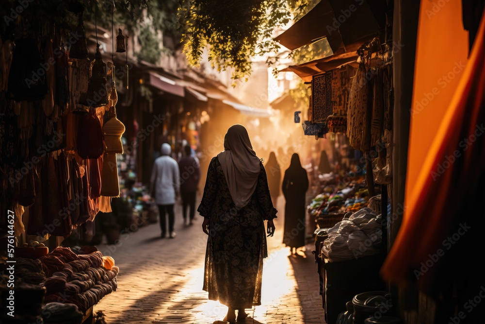 Africa, Morocco, Exploring the vibrant and exotic Moroccan souks of Marrakech at sunset with AI Gene