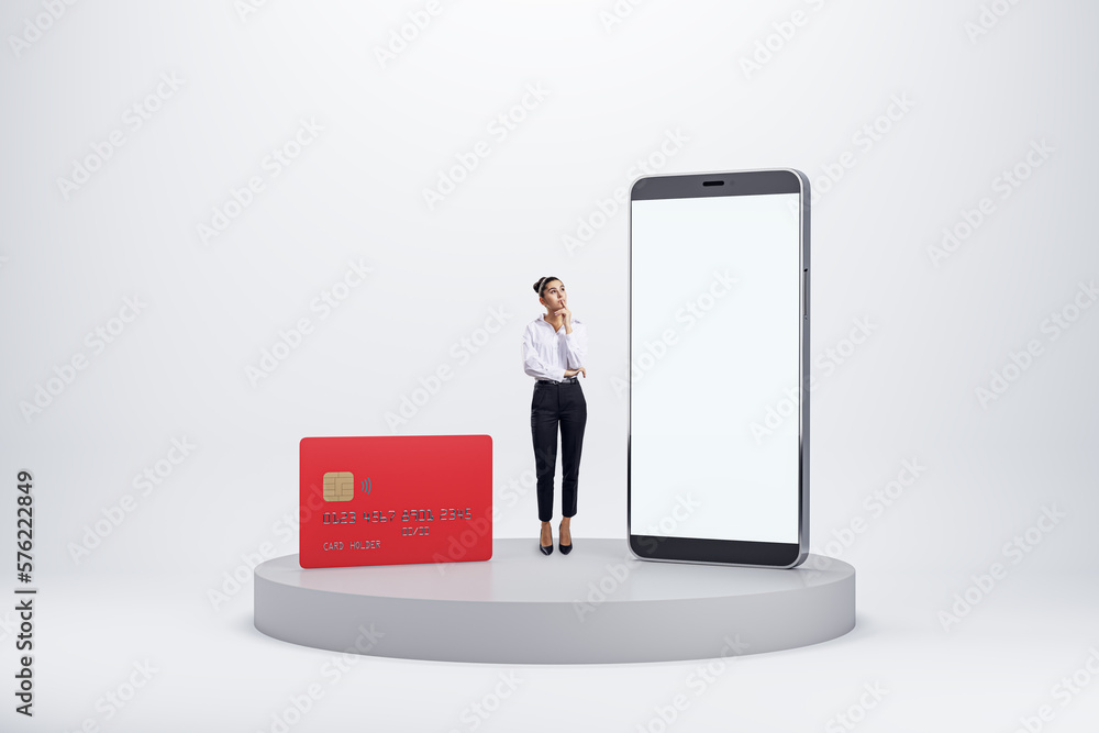 Mobile bank and banking concept with pensive woman among modern smartphone with blank white screen w