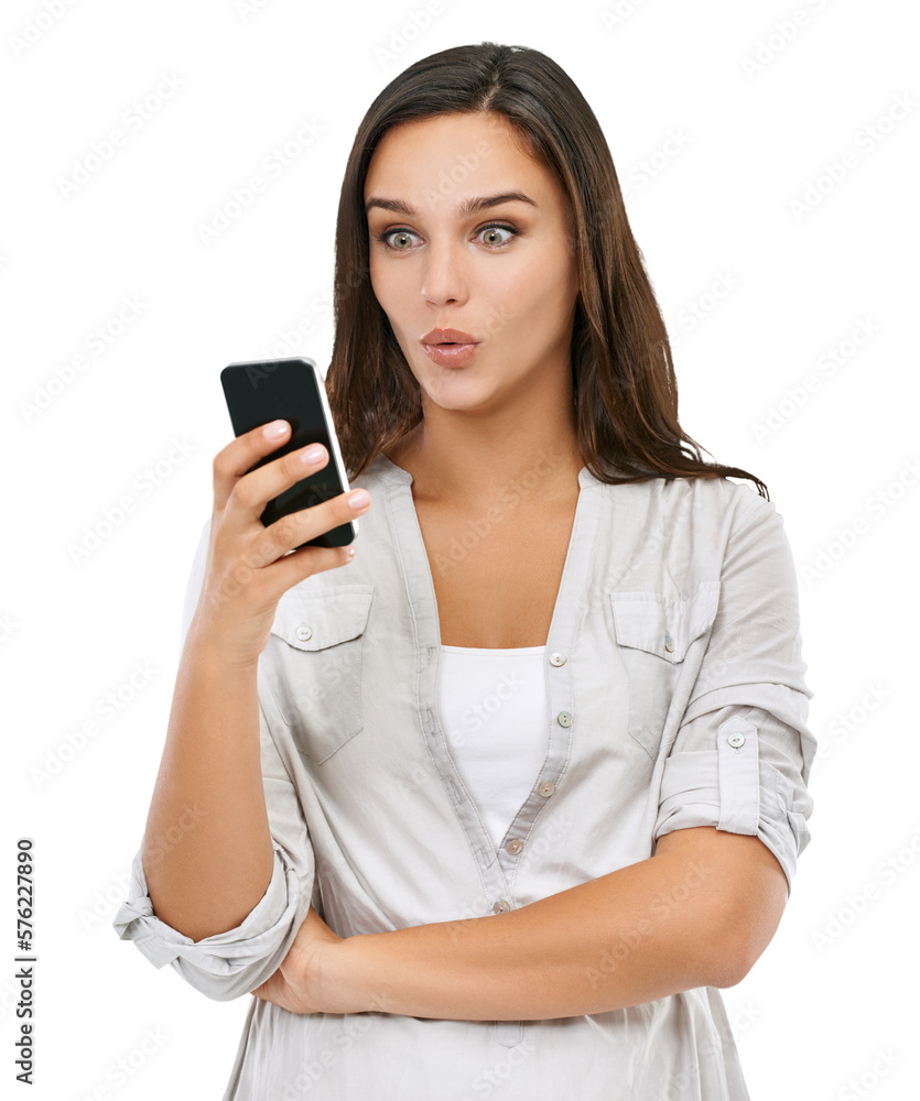 A surprised or shocked girl receives an exciting offer or a shocking notification over a phone sms t