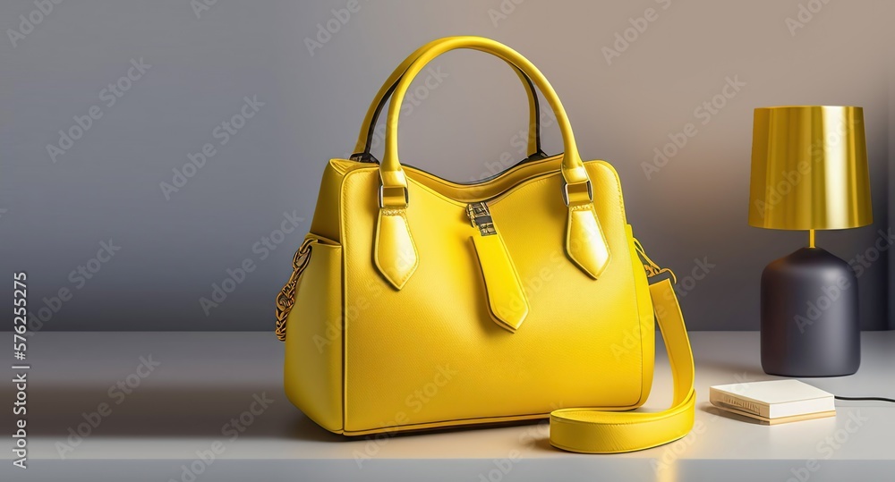 Beautiful trendy smooth youth womens handbag in bright yellow color on a gray studio background. AI