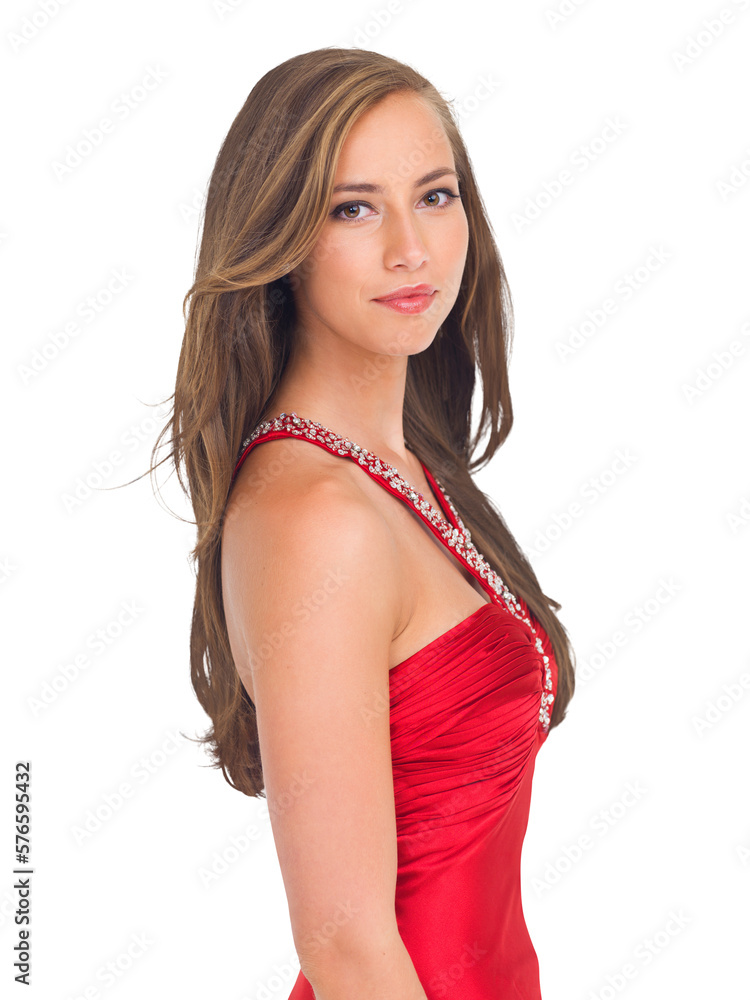 A naturally beautiful woman in a red dress from Canada in a beautiful, fancy, and stylish outfit pro