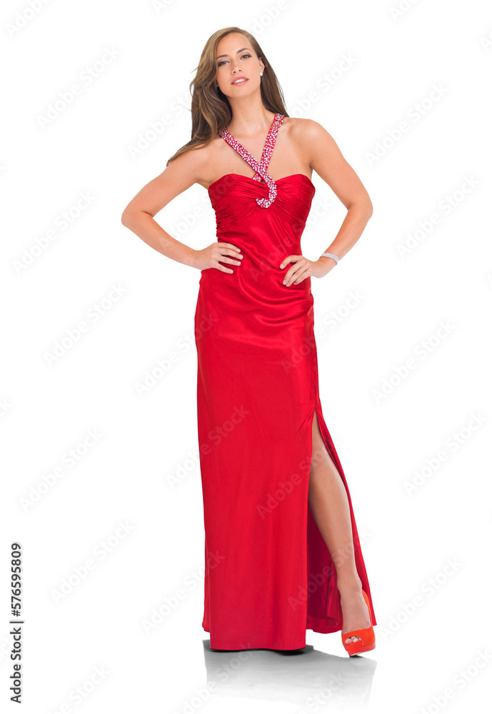An elegant woman with a beautiful, classy, and luxurious red dress or a female model in silk, fashio