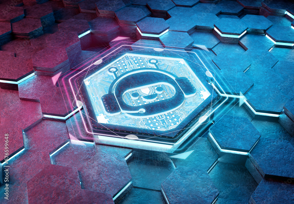Chatbot icon concept engraved on metal hexagonal pedestral background. Chat bot assistance logo glow