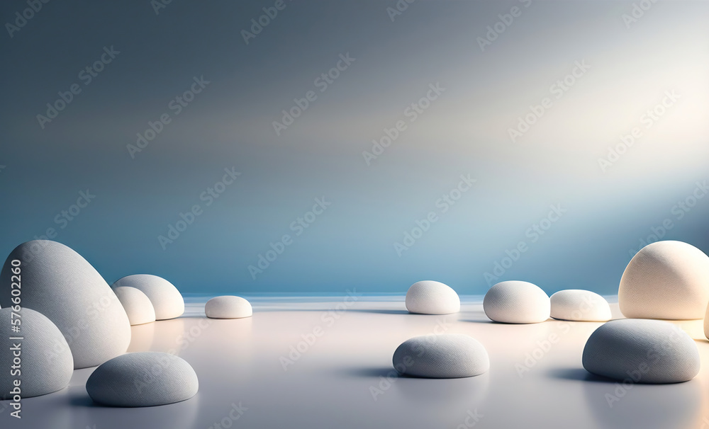 A beautiful blue background for presentations with a podium and masonry round stones in a soothing c