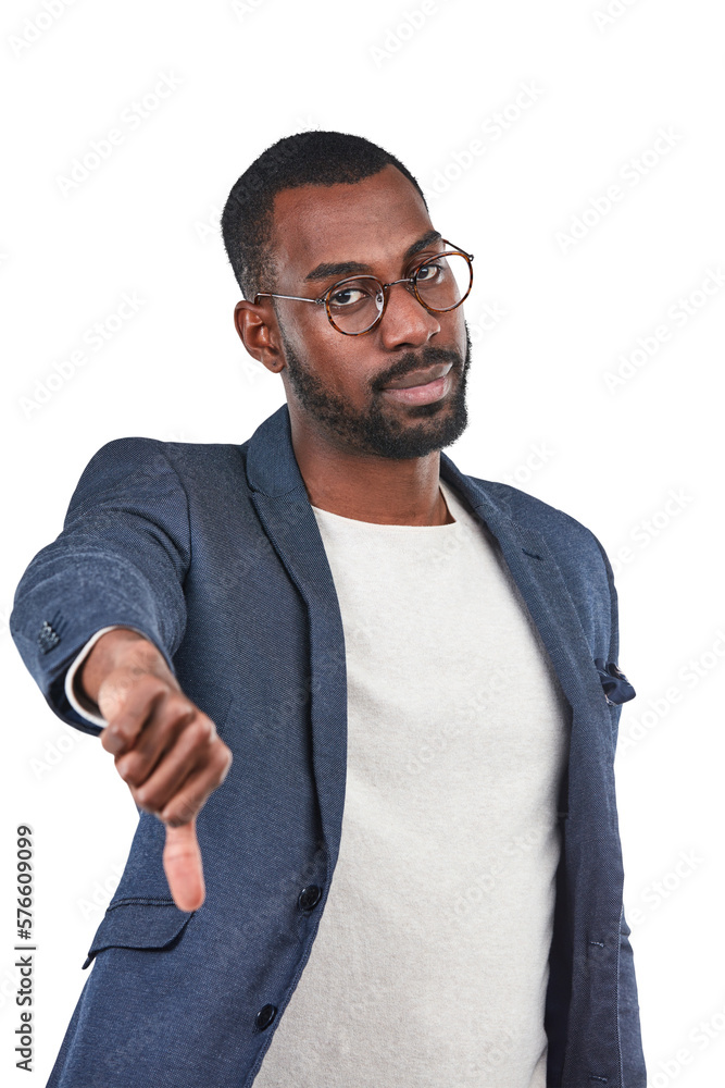 A black businessman with a frustrated, angry face thumbs down, disappointed with a negative hand ges