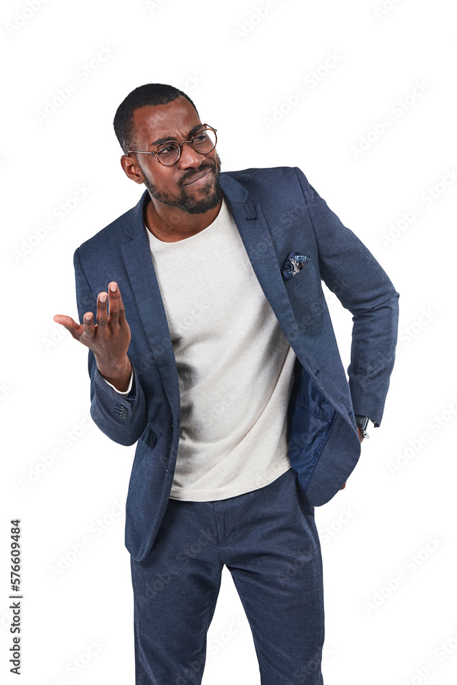 A black businessman  wearing glasses and business suit clueless and showing a confused expression wi