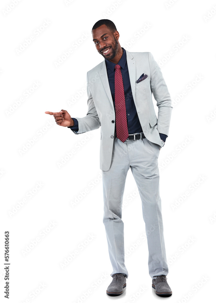 A confident young afro businessman pointing at copy space or a sales deal on advertising promotional
