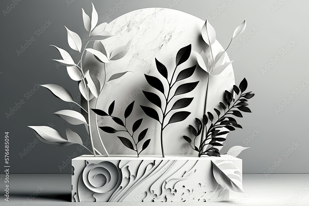 The natural leaf backdrop looks great against the white marble podium. Generative AI