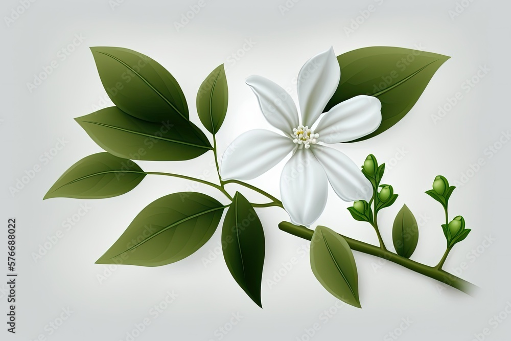 White background with a single stem of fresh Jasmine blossoms. In full bloom, a jasmine plant agains