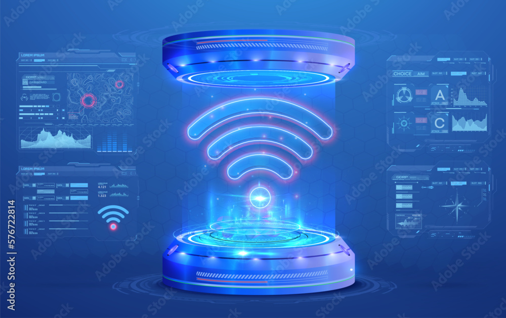 A hologram, a projection of a wi-fi icon on a futuristic podium with various graphics and HUD-style 