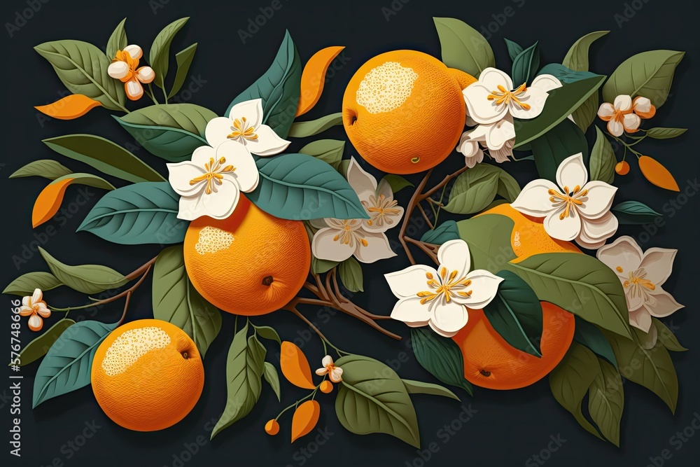 Oranges in full bloom on a tree bearing ripe fruit. Generative AI