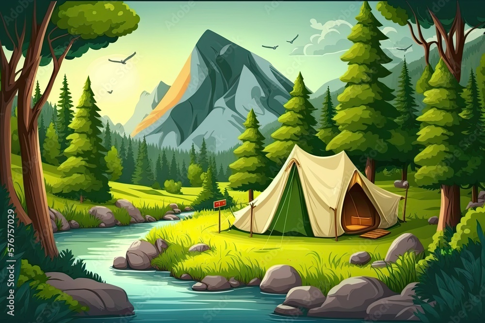 Summertime tent camping beside a mountain river. Generative AI
