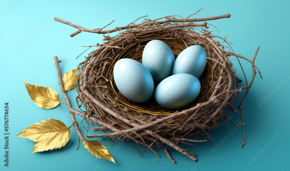  a nest with four blue eggs sitting on top of a blue surface next to a leafy branch and a single yel