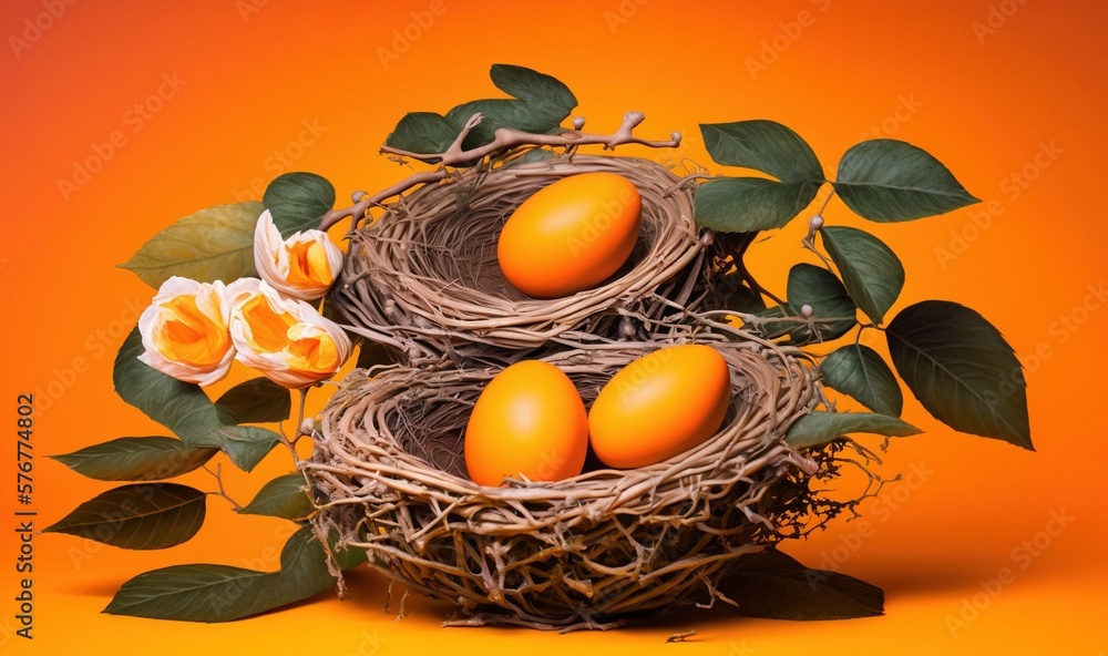  three eggs in a nest with flowers on an orange background with a pink rose in the center of the nes