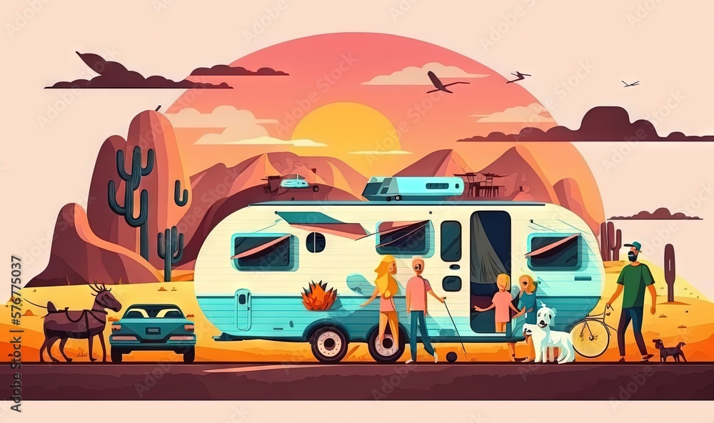  a group of people standing next to a camper in the desert with a dog and a horse on a leash in fron