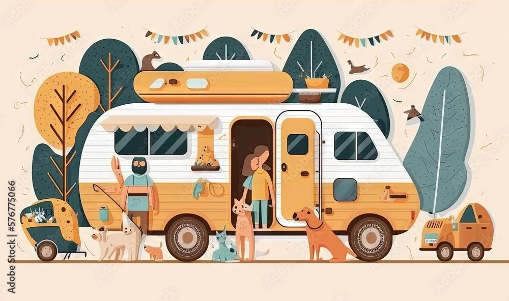 a woman standing in front of a yellow camper with a dog and a cat on the front of the camper and a 