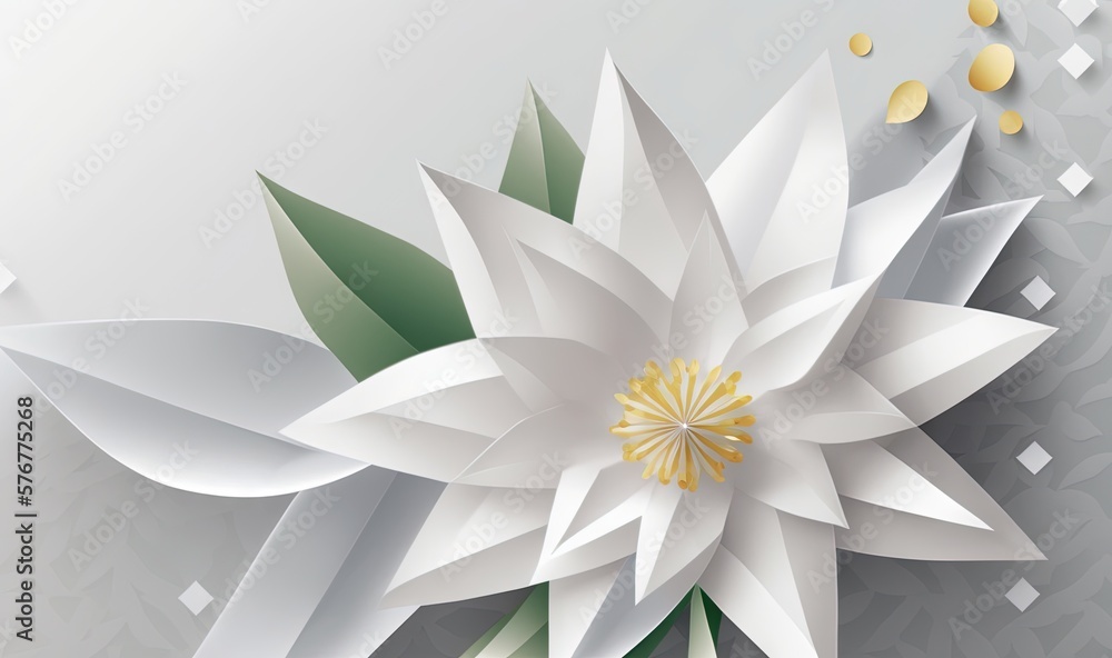  a white flower with green leaves on a gray background with a gold center and a white background wit
