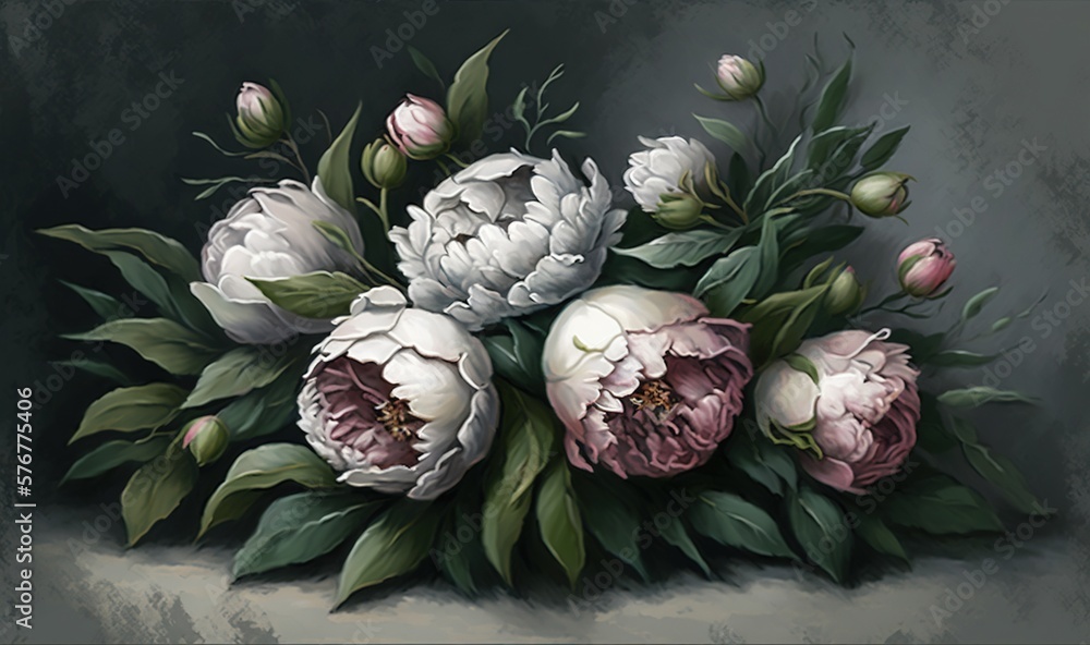  a painting of white and pink flowers on a gray background with green leaves and buds in the center 