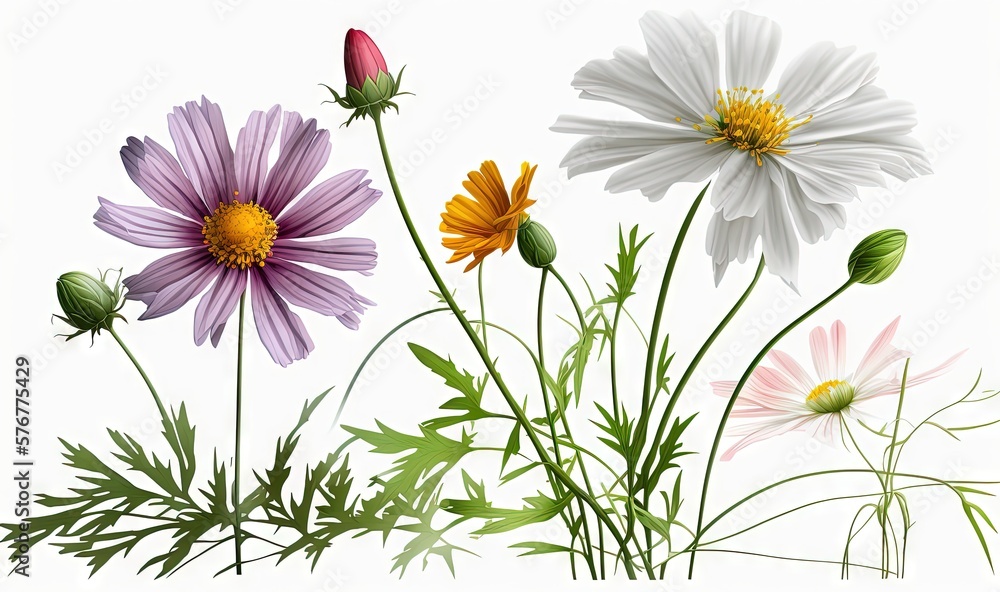  a bunch of flowers that are on a white background with a butterfly on top of one of the flowers and