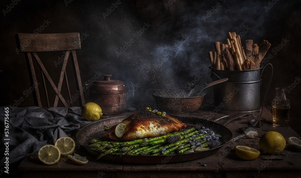  a pan of fish and asparagus on a table with a pot of lemons and a pot of lemons on the side.  gener